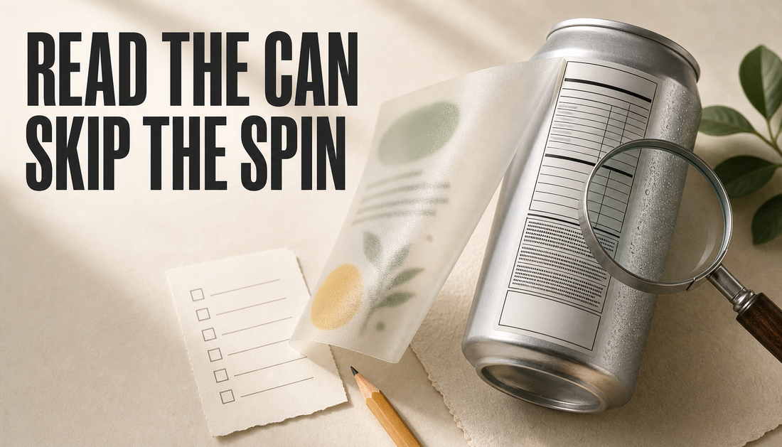 Editorial hero image of a generic functional beverage can with a translucent sleeve peeled back to reveal label panels, a magnifying glass, checklist card, and the headline Read t...