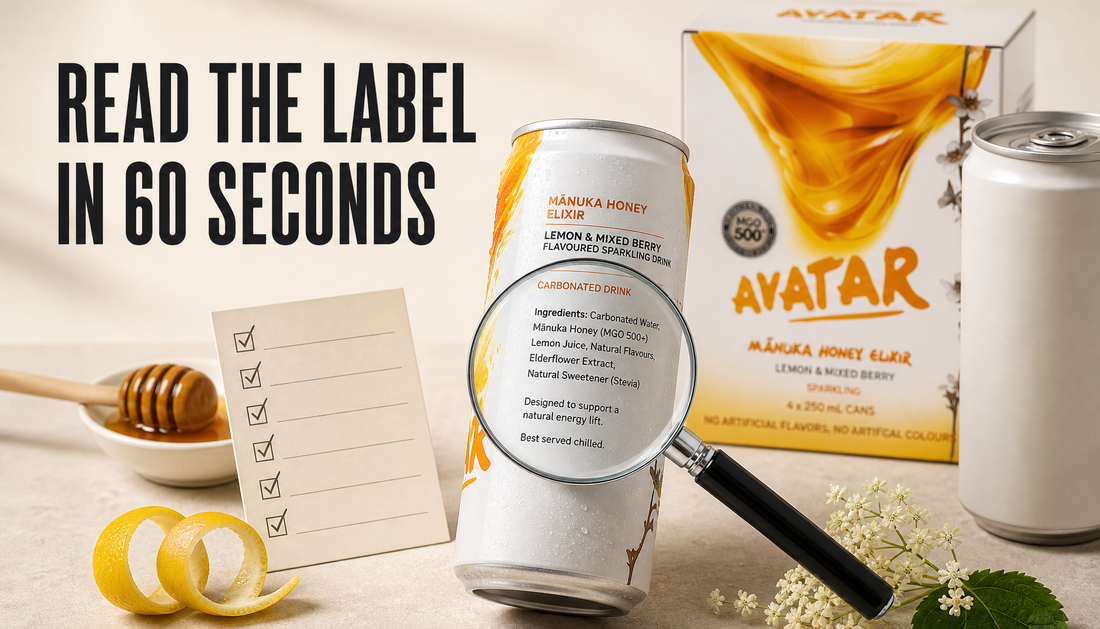 Avatar Elixir can inspected with a magnifying lens and blank checklist card, showing how to read a natural energy drink label in 60 seconds.