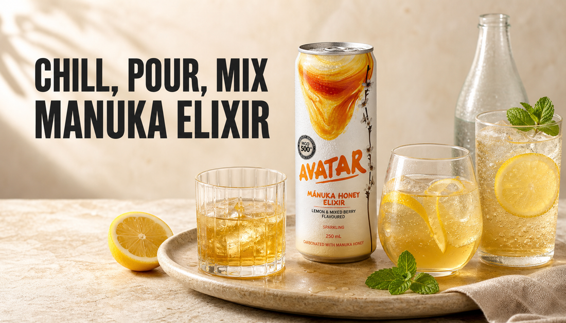 The Founders’ Reserve Manuka honey elixir served chilled with ice, citrus, bubbles, and simple glassware under the headline Chill, Pour, Mix Manuka Elixir.