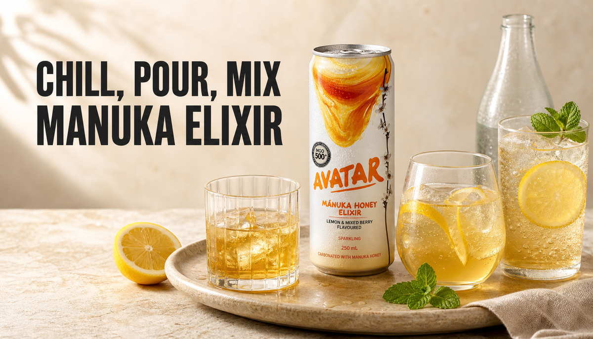 The Founders’ Reserve Manuka honey elixir served chilled with ice, citrus, bubbles, and simple glassware under the headline Chill, Pour, Mix Manuka Elixir.