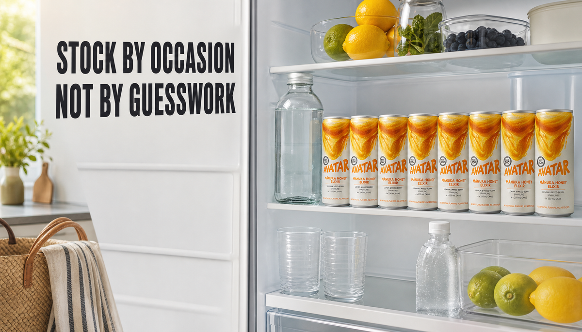 Open home fridge with Beekeeper’s Apprentice 8pk stocked neatly beside water, guest glasses, citrus, and weekend drinks cues, with headline Stock by Occasion Not by Guesswork.