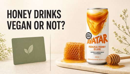 Avatar Elixir Manuka honey drink shown beside honeycomb and a honey dipper, separated from a plant-only choice card, with the headline Honey Drinks Vegan or Not.