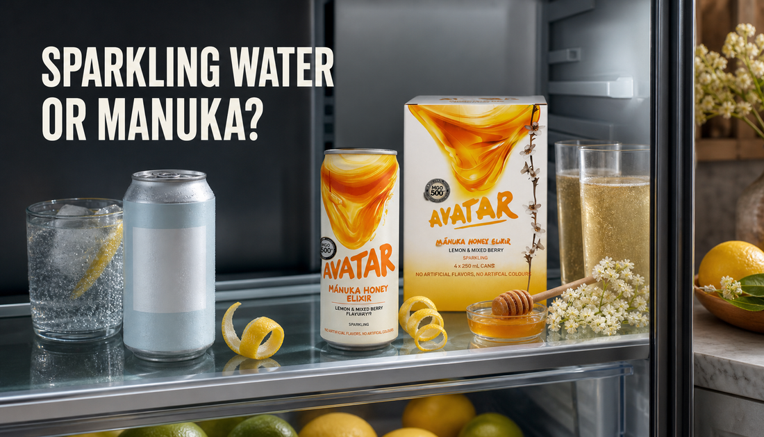 Open fridge comparison between a generic sparkling water can and a Manuka honey drink with lemon, honey, elderflower, and serving glasses.
