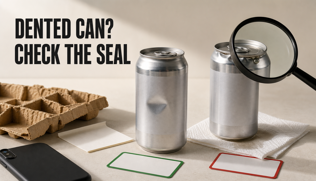 Editorial tabletop inspection of two unlabeled dented cans, contrasting a smooth body dent with a damaged leaking rim under the headline DENTED CAN? CHECK THE SEAL.