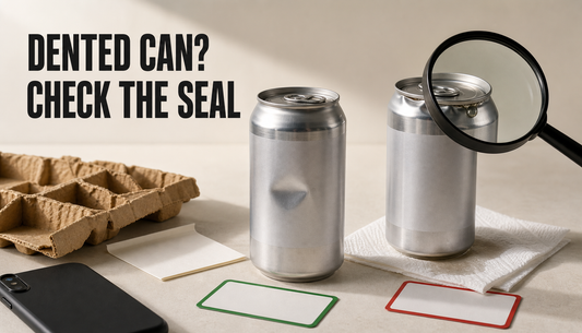 Editorial tabletop inspection of two unlabeled dented cans, contrasting a smooth body dent with a damaged leaking rim under the headline DENTED CAN? CHECK THE SEAL.