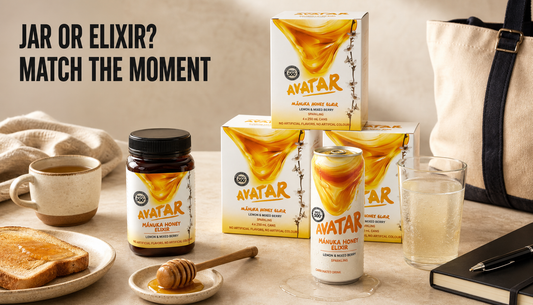 The Beekeeper’s Choice bundle with Avatar Elixir cans and a Manuka honey jar styled between pantry breakfast props and workday travel cues, with headline text reading Jar or Elixi...