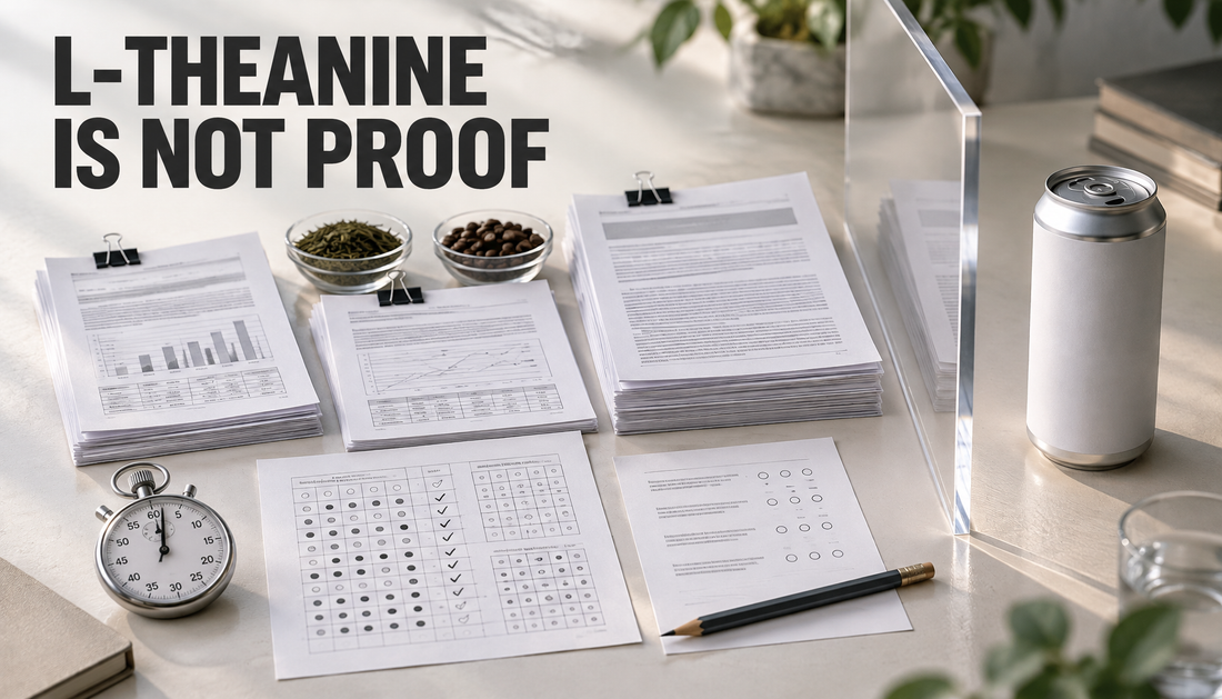 Editorial research desk with study papers, attention-task sheets, tea leaves, coffee beans, and a blank drink can separated by a clear divider, with the headline L-THEANINE IS NOT...