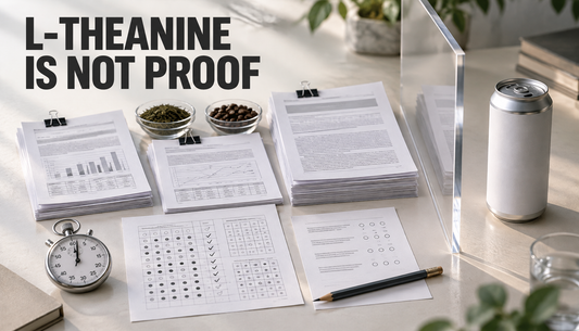 Editorial research desk with study papers, attention-task sheets, tea leaves, coffee beans, and a blank drink can separated by a clear divider, with the headline L-THEANINE IS NOT...
