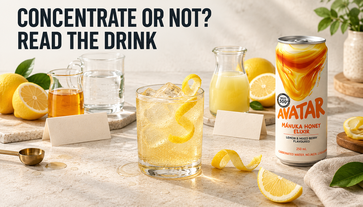 Editorial tabletop hero showing two lemon juice processing paths converging into one finished sparkling drink, with an Avatar Elixir can nearby and headline text reading Concentra...