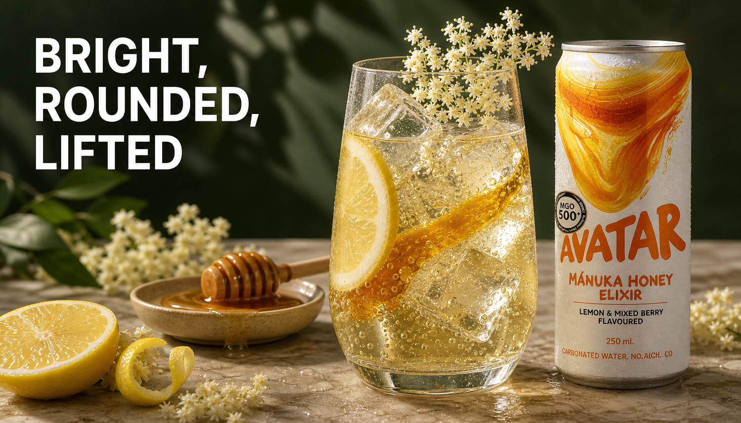 Chilled Avatar Elixir can beside a sparkling drink with lemon, Manuka honey, elderflower, ice, and bubbles showing a bright, rounded, lifted flavor balance.