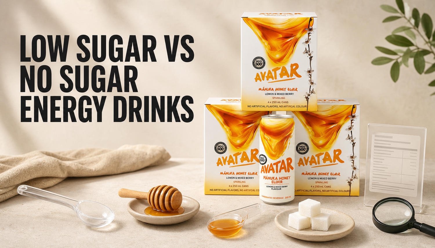 Shopify blog hero showing a Manuka honey energy drink product beside honey, an empty spoon, sugar cubes, and label-reading cues for a low sugar versus no sugar energy drink compar...