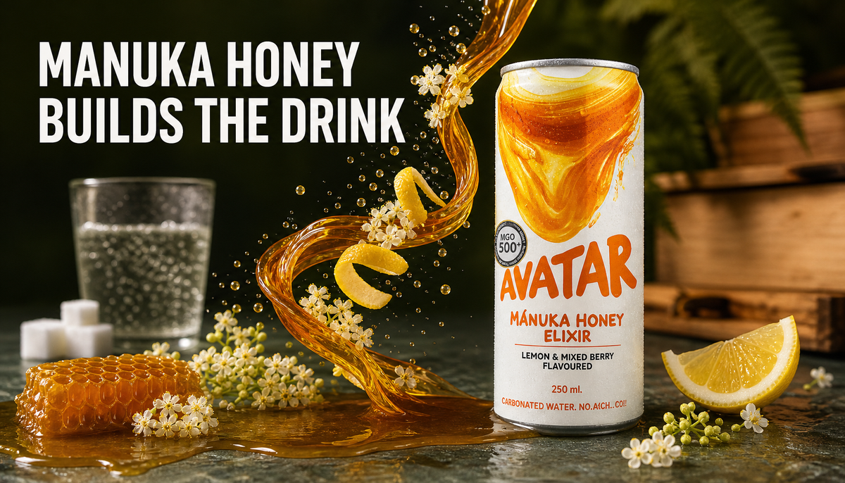 Avatar Elixir can with Manuka honey, lemon, elderflower, and carbonation arranged as a crafted beverage ingredient scene with headline text reading Manuka Honey Builds the Drink.