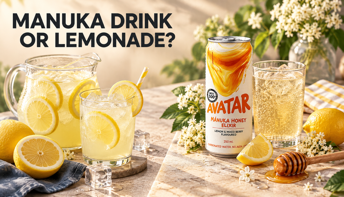 Avatar Elixir can beside a glass pitcher of lemonade with lemon, honey, elderflower, ice, and a headline reading Manuka Drink or Lemonade.