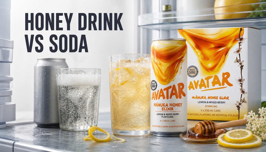 Beekeeper’s Apprentice Manuka honey drink pack compared with a generic soda can, with honey, lemon, elderflower, and chilled glasses showing a more ingredient-led refreshment choi...