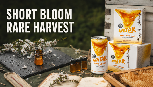 Shopify blog hero showing a Manuka honey drink product beside Manuka blossoms, hive-frame texture, weather cues, and honey sample vials to explain why short blooms can lead to rar...