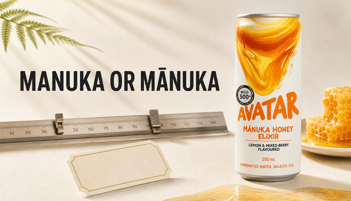 Avatar Elixir Manuka honey drink beside the headline Manuka or Mānuka, illustrating the spelling difference and macron mark.
