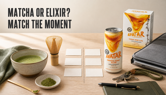 Editorial workday comparison scene with prepared matcha on one side and Avatar Elixir ready-to-drink beverage on the other, with the headline Matcha or Elixir? Match the Moment.