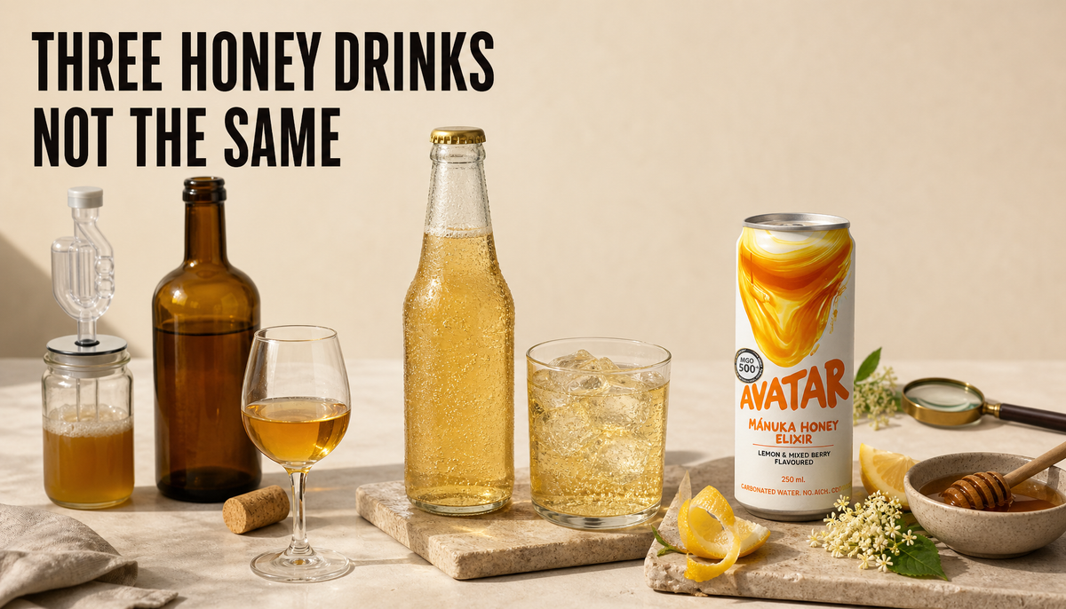 Editorial comparison of three honey drink categories: a mead-style pour, a fizzy honey soda, and an Avatar Elixir can, with the headline Three Honey Drinks Not the Same.