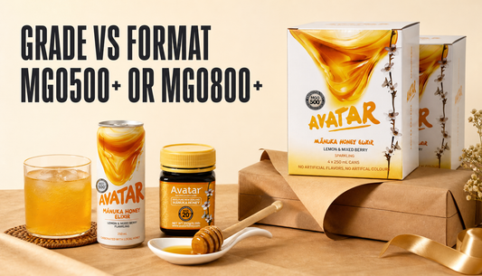 Editorial hero for a buyer’s guide comparing MGO500+ and MGO800+ Manuka honey, showing The Founders’ Reserve beside beverage and honey-use cues with the headline Grade vs Format.
