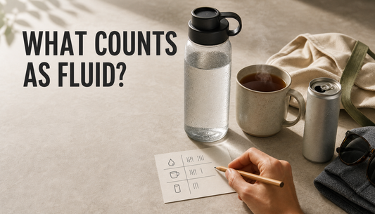 Editorial hero image of a water bottle, tea mug, and blank energy drink can beside a fluid tracking card with the headline WHAT COUNTS AS FLUID?