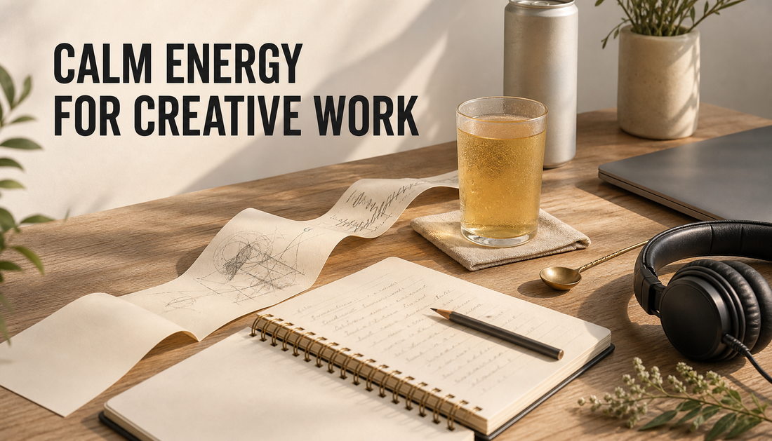 Calm creative workspace with an unlabeled honey-colored drink, notebook, sketch paper, pencil, and headphones, with headline text reading Calm Energy for Creative Work.