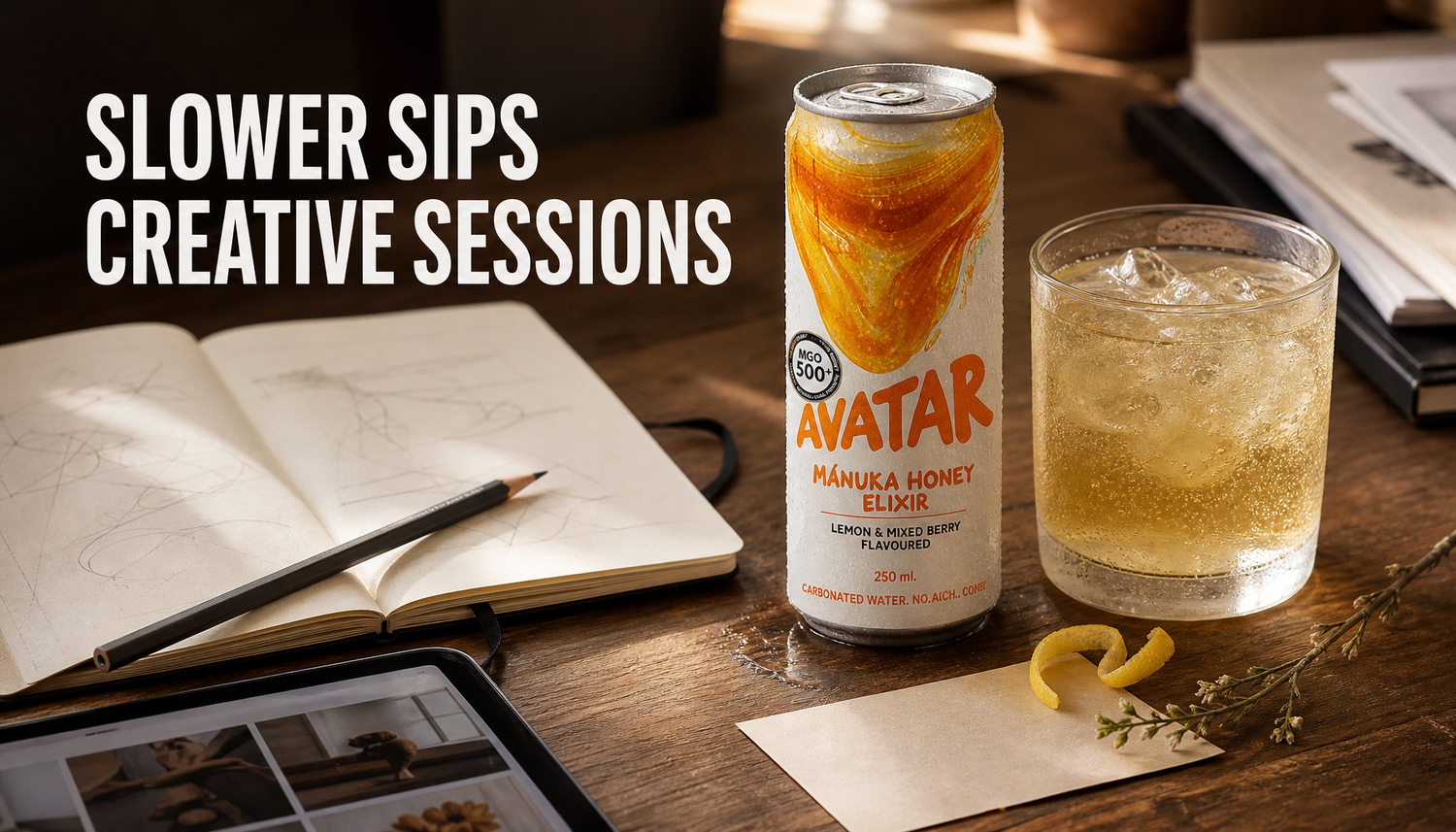 Warm creative workspace with an Avatar Elixir can, iced glass, notebook, pencil, and headline reading SLOWER SIPS CREATIVE SESSIONS.