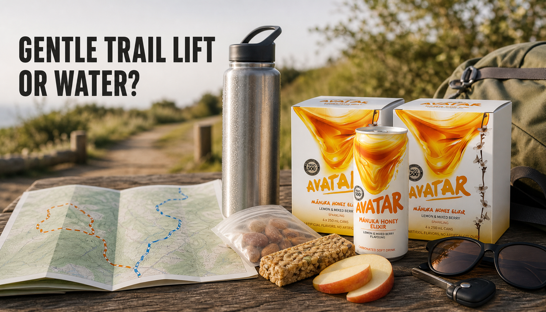 Beekeeper’s Apprentice 8pk drink beside a water bottle, trail map, and snack on a sunlit trailhead table with the headline Gentle Trail Lift or Water.