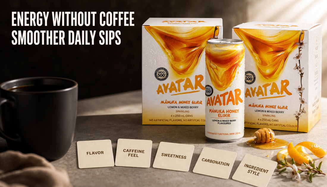 Shopify blog hero showing Beekeeper’s Apprentice 8pk beside a pushed-aside coffee mug with buyer cards for flavor, caffeine feel, sweetness, carbonation, and ingredient style unde...