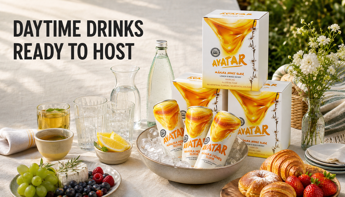 A garden brunch drink station with The Beekeeper’s Choice 12Pk, chilled cans, water, sparkling water, simple glasses, fruit, and the headline Daytime Drinks Ready to Host.