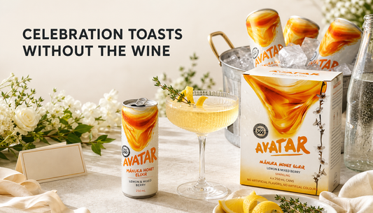 The Beekeeper’s Choice 12Pk styled on a refined celebration drinks table beside a chilled coupe glass, sparkling water, lemon garnish, and headline text reading Celebration Toasts...