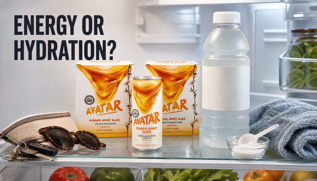 Open refrigerator shelf comparing Beekeeper’s Apprentice natural energy drink with a generic sports drink, framed as an energy or hydration choice.