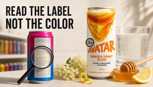Shopify blog hero showing a generic bright energy drink can under a magnifying glass beside Avatar Elixir with honey, lemon, elderflower, and carbonation cues, with the headline R...