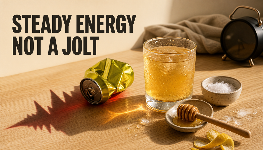 Editorial hero contrasting a crushed blank energy drink can with a calm honey drink, salt, and water to show steady natural energy instead of a stimulant jolt.