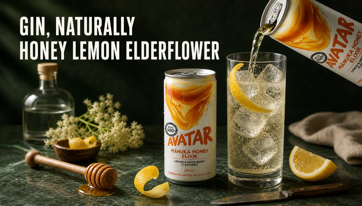 Avatar Elixir can beside a honey, lemon, elderflower gin highball over ice with the headline GIN, NATURALLY.