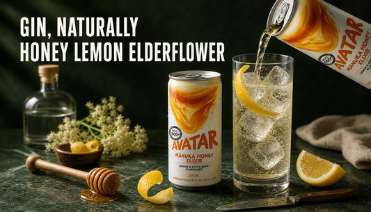 Avatar Elixir can beside a honey, lemon, elderflower gin highball over ice with the headline GIN, NATURALLY.