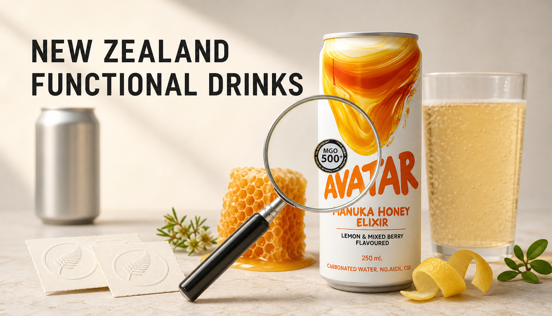 Avatar Elixir can on a clean stone surface with a magnifying glass, honeycomb, citrus, botanical cues, and the headline New Zealand Functional Drinks.