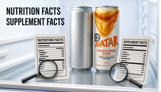 Editorial hero showing two similar energy drink cans with enlarged Nutrition Facts and Supplement Facts-style label cards, plus an Avatar Elixir can as the store beverage example.