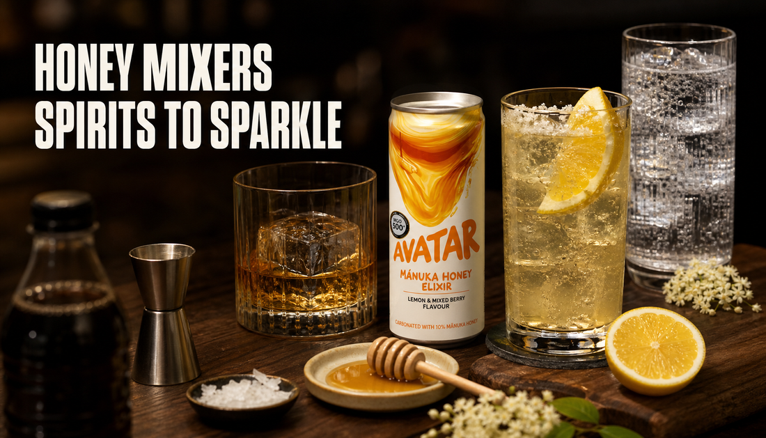 The Founders’ Reserve honey mixer on a dark home bar beside tequila, bourbon, and sparkling-water serves with lemon, honey, elderflower, and a headline reading HONEY MIXERS, SPIRI...