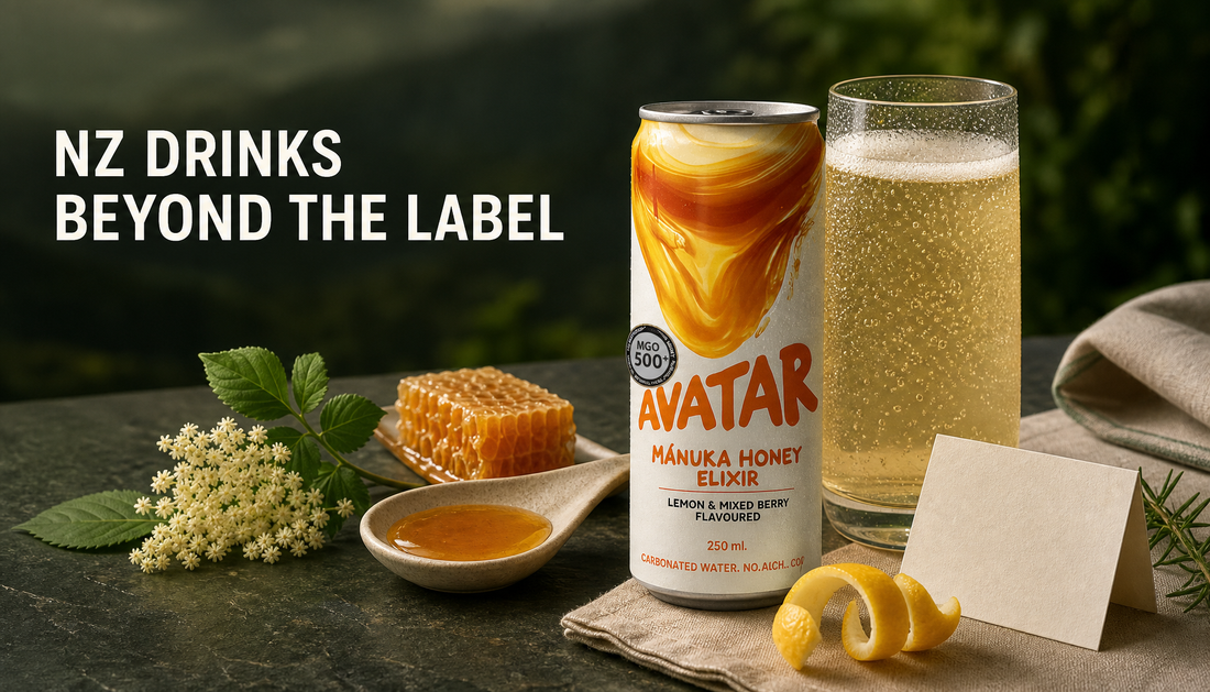 Avatar Elixir can beside a poured sparkling drink with Manuka honey, citrus peel, botanicals, and a headline reading NZ Drinks Beyond the Label.
