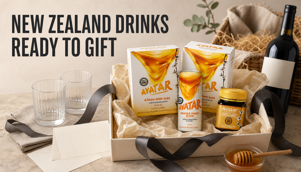 The Founders’ Reserve New Zealand Manuka honey drink arranged in a premium gift box with ribbon, glasses, honey, and a blank gift card.