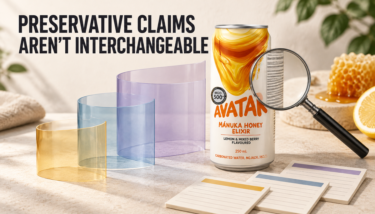 Editorial hero image showing an Avatar Elixir can beside translucent claim-scope layers and a magnifying glass, with the headline Preservative Claims Aren't Interchangeable.