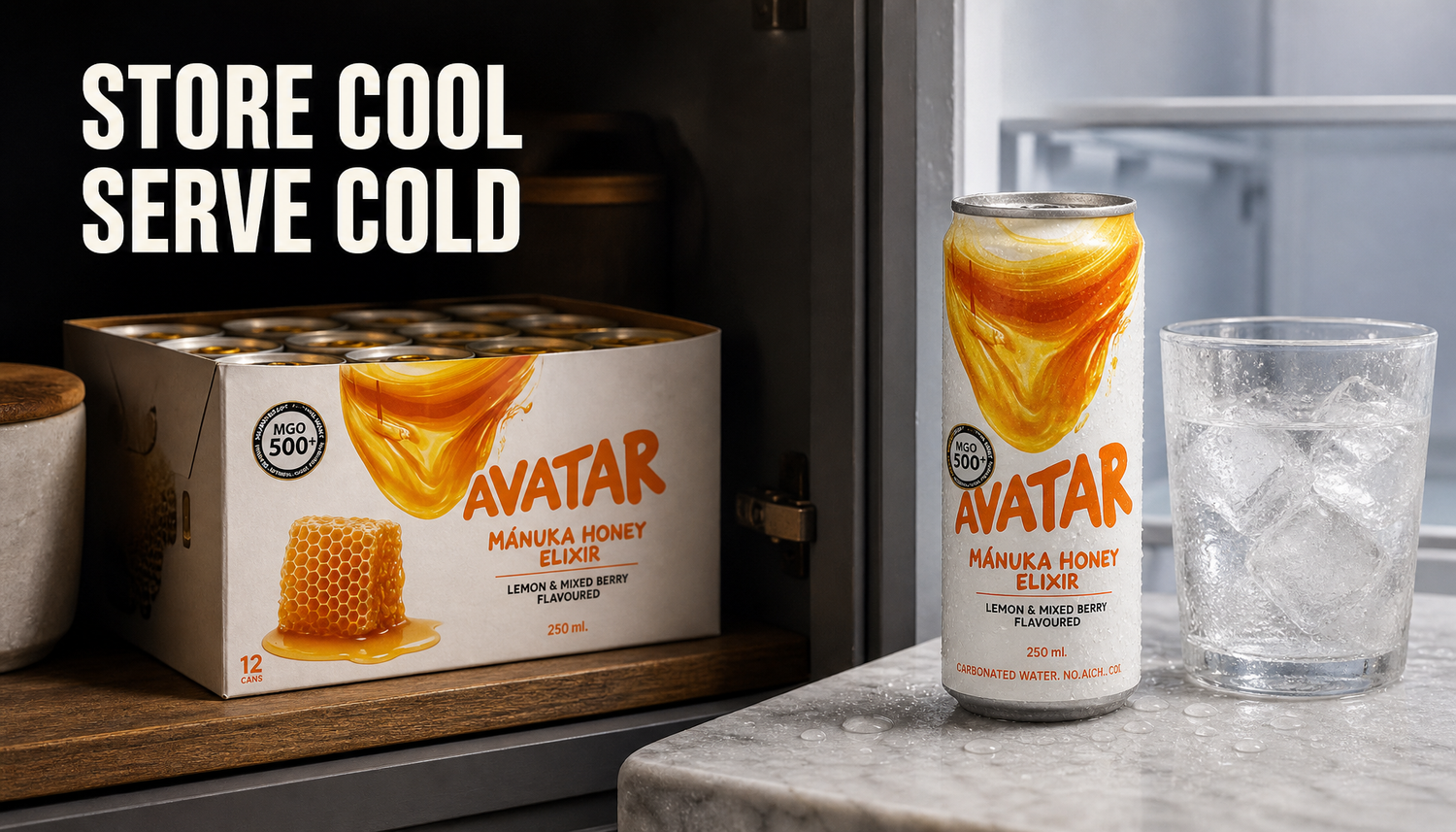 Avatar Manuka Honey Elixir 12-pack stored in a dark pantry area with one chilled can and glass beside it, under the headline Store Cool Serve Cold.