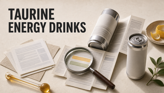 Editorial hero image of generic energy drink cans, an unfolded blank ingredient label, and a magnifying glass separating ingredient lines under the headline Taurine in Energy Drin...