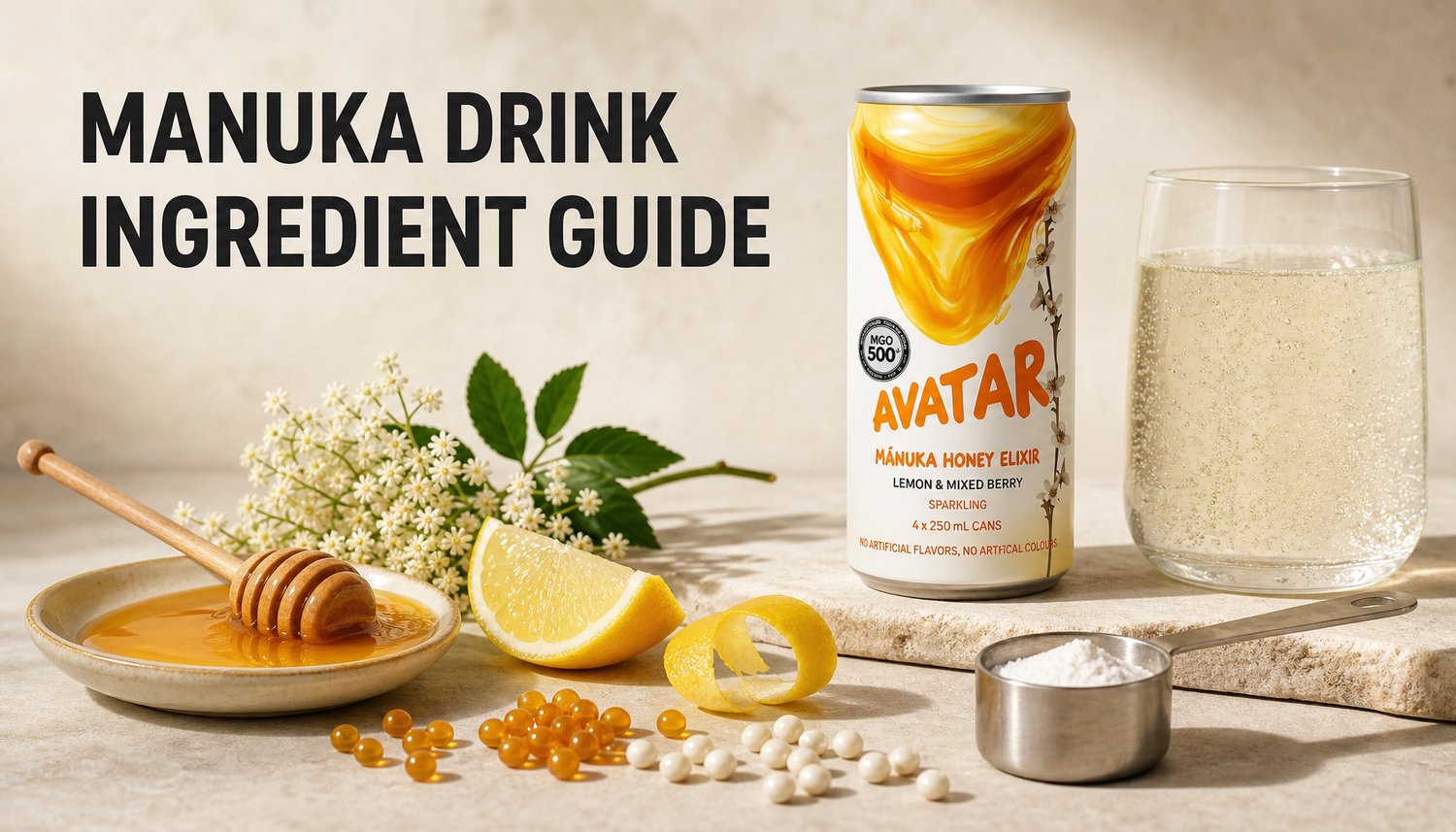 The Beekeeper’s Choice Manuka honey drink shown with honey, lemon, elderflower, caffeine measure, vitamin-like beads, and carbonation cues as a recipe-style ingredient guide.