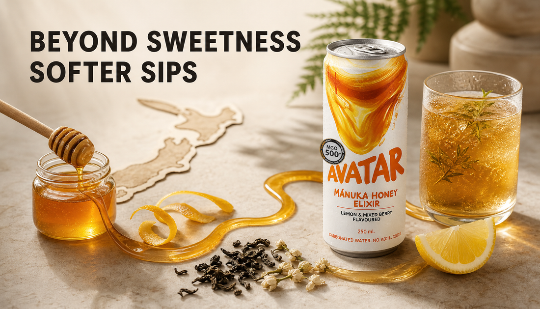 Honey, citrus, botanicals, a Manuka honey elixir can, and a poured wellness drink arranged to show honey as more than sweetness in modern beverages.