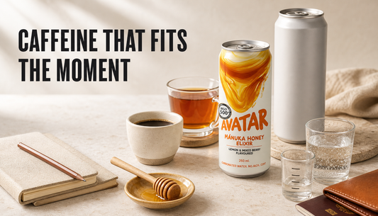 Editorial hero image showing an Avatar Elixir can beside a blank comparison can with coffee, tea, measuring glass, bubbles, honey, notebook, and travel cues under the headline Caf...