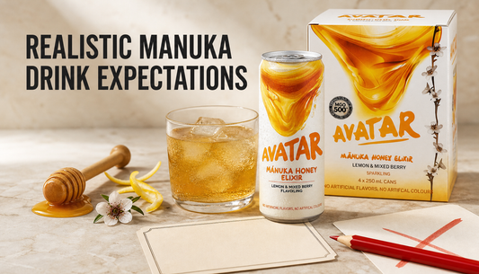 A Manuka honey drink product with a poured glass, honey dipper, and restrained editorial props under the headline Realistic Manuka Drink Expectations.
