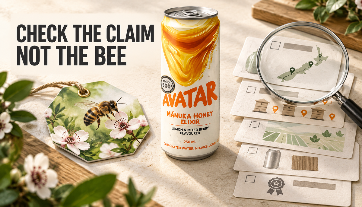 Editorial tabletop hero showing an Avatar Elixir can beside a decorative bee tag and blank evidence cards under a magnifying glass, with the headline Check the Claim Not the Bee.