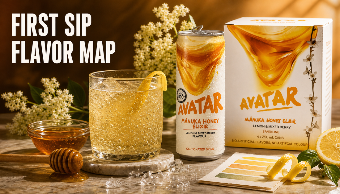 Chilled Avatar Elixir product with a sparkling golden pour, honey, lemon, and elderflower cues, headed First Sip Flavor Map.