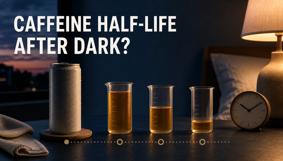 Editorial hero showing an evening drink beside shrinking amber gauges on a dusk table timeline, explaining caffeine half-life before bedtime.